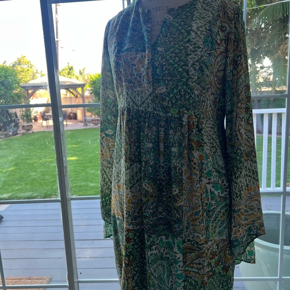 Anthropologie Green Long Sleeve Sundress Silk Kimono Dress NWT - Picture 4 of 14